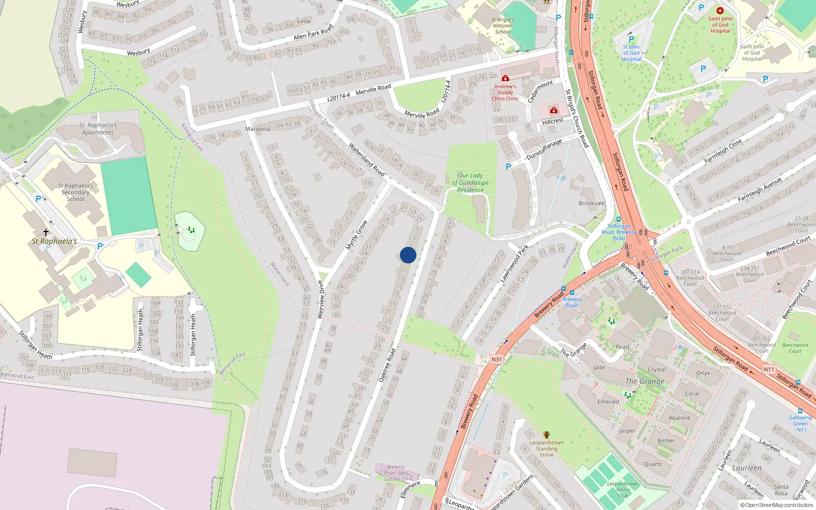 Overhead map showing the location of 7 Oaktree Road, Stillorgan, Dublin