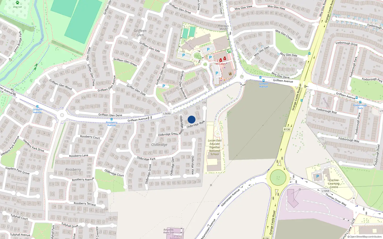 Overhead map showing the location of 7 Oldbridge Walk, Lucan, Dublin