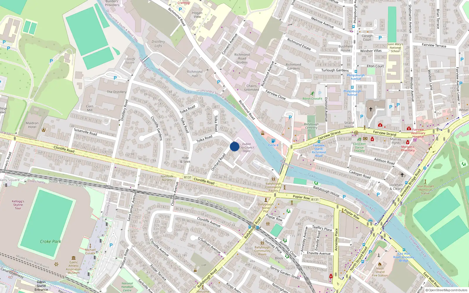 Overhead map showing the location of 7 Orchard Road, Dublin 3