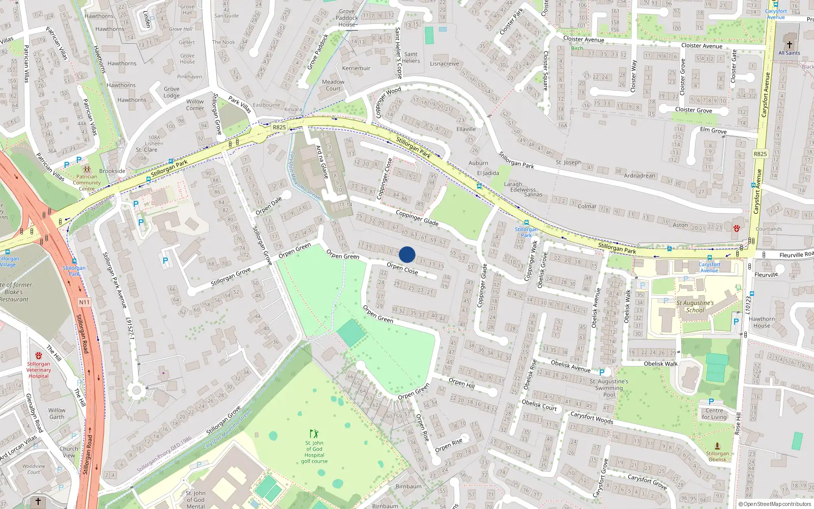 Overhead map showing the location of 7 Orpen Close, Blackrock