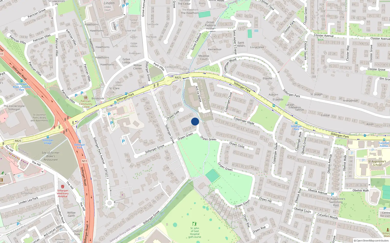 Overhead map showing the location of 7 Orpen Green, Stillorgan, Dublin