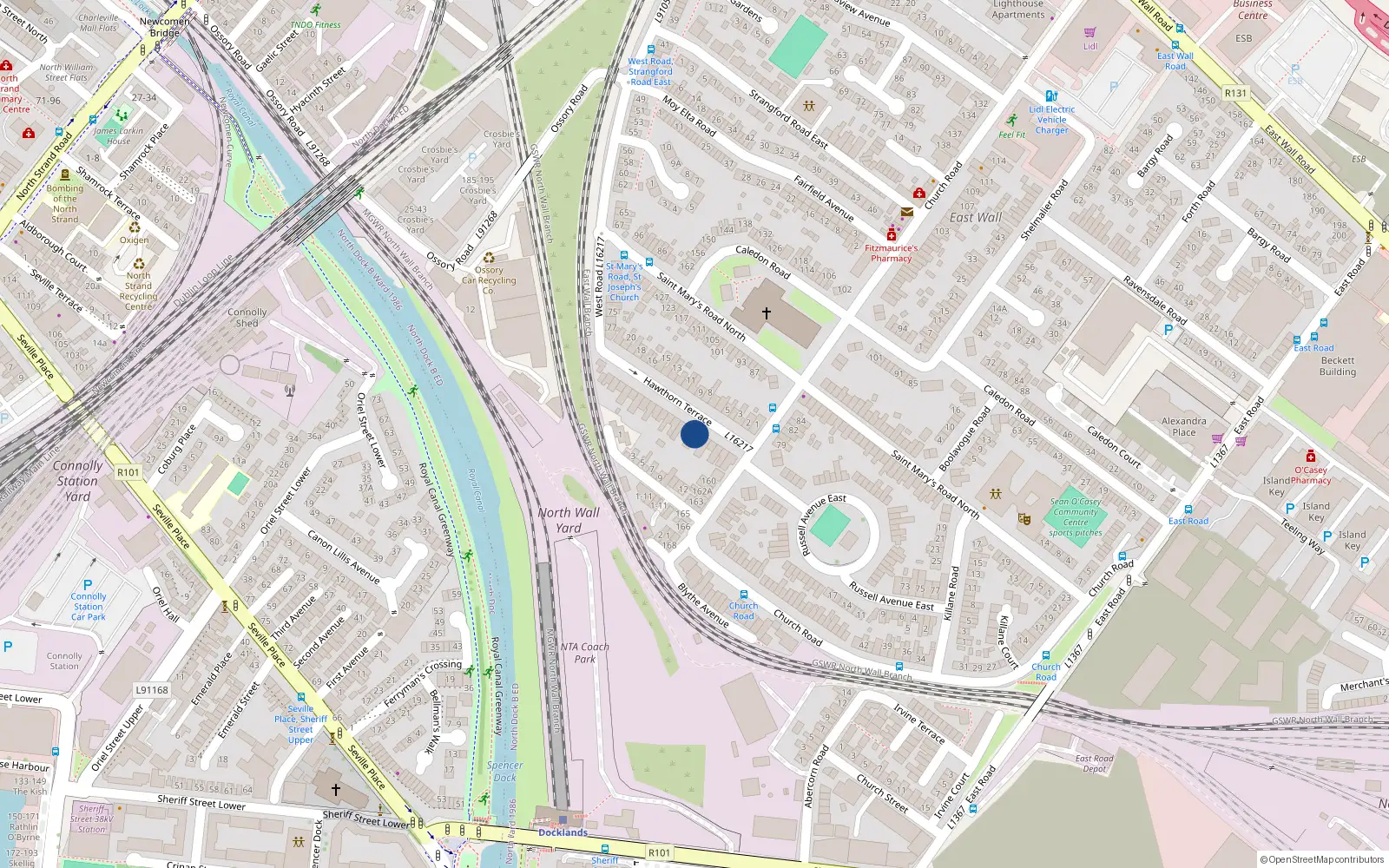 Overhead map showing the location of 7 Oxford Terrace, Church Road, East Wall Dublin 3