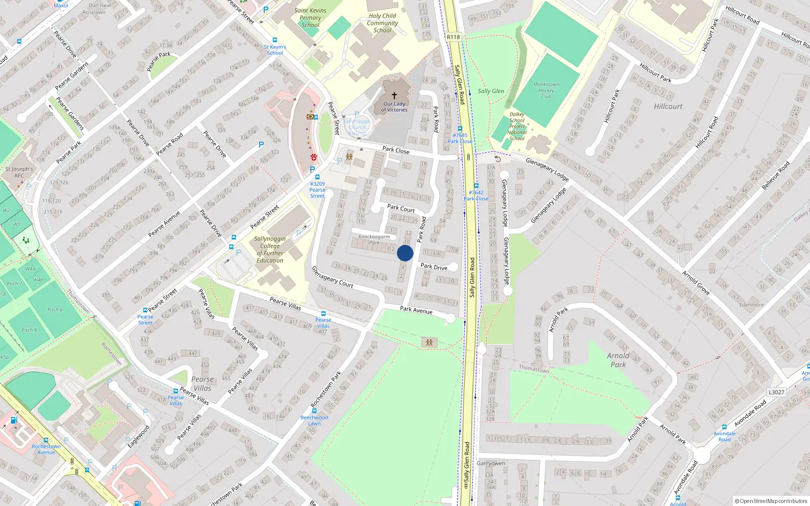 Overhead map showing the location of 7 Park Road, Glenageary