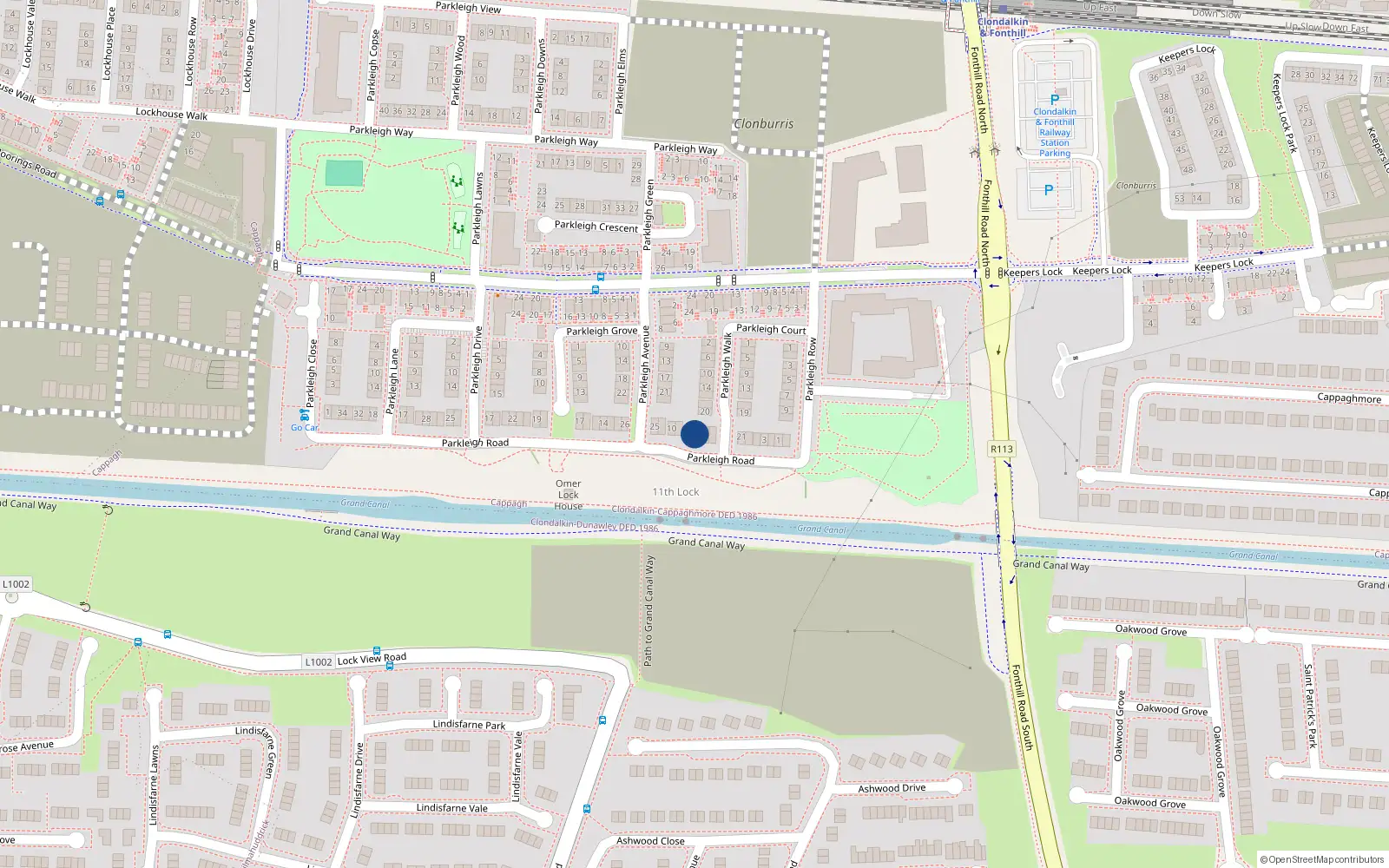 Overhead map showing the location of 7 Parkleigh Road, Dublin 22