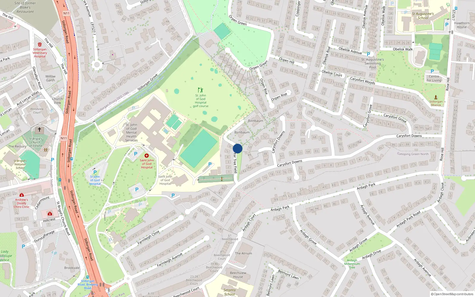 Overhead map showing the location of 7 Pear Tree Field, Blackrock