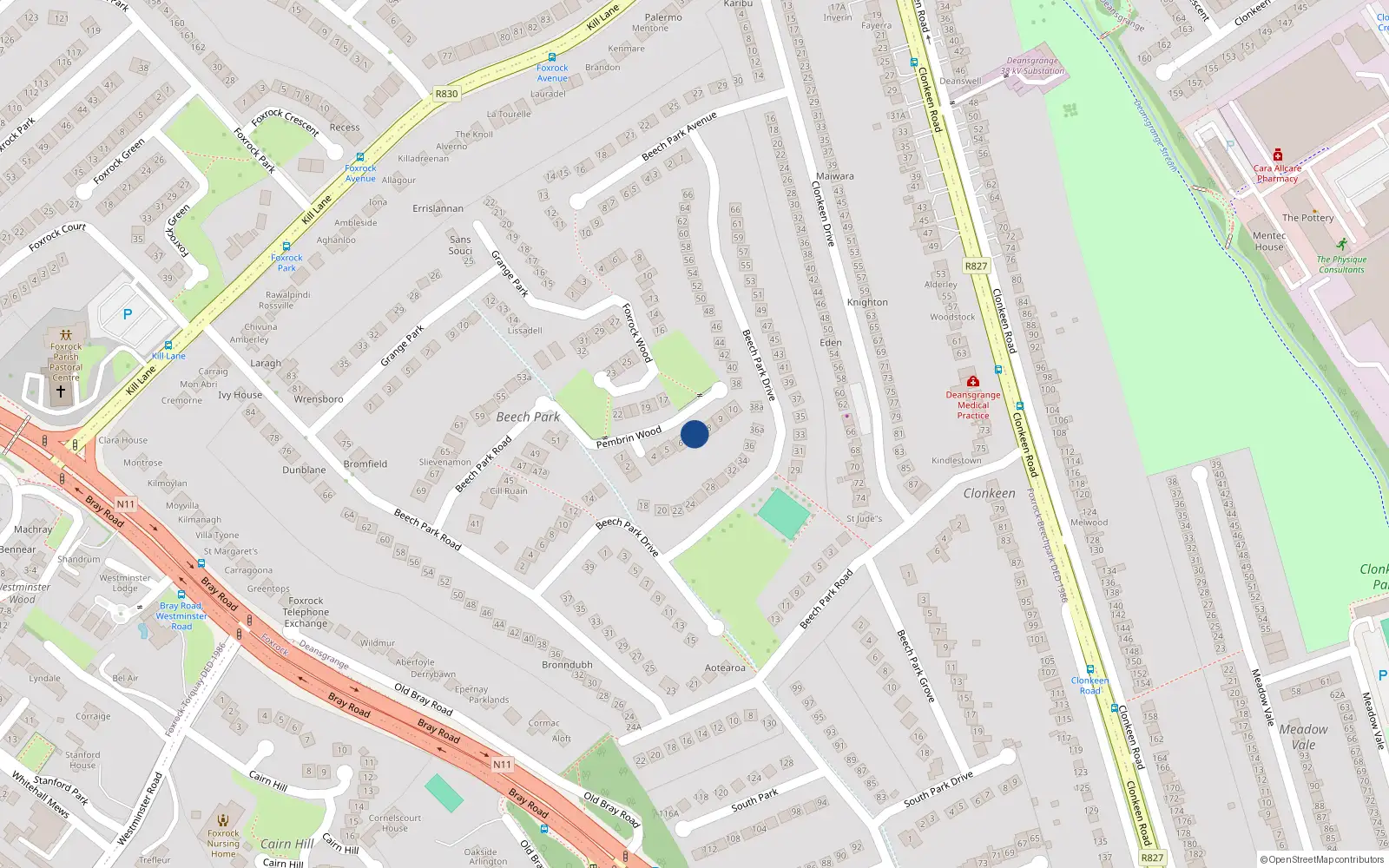 Overhead map showing the location of 7 Pembrin Wood, Foxrock