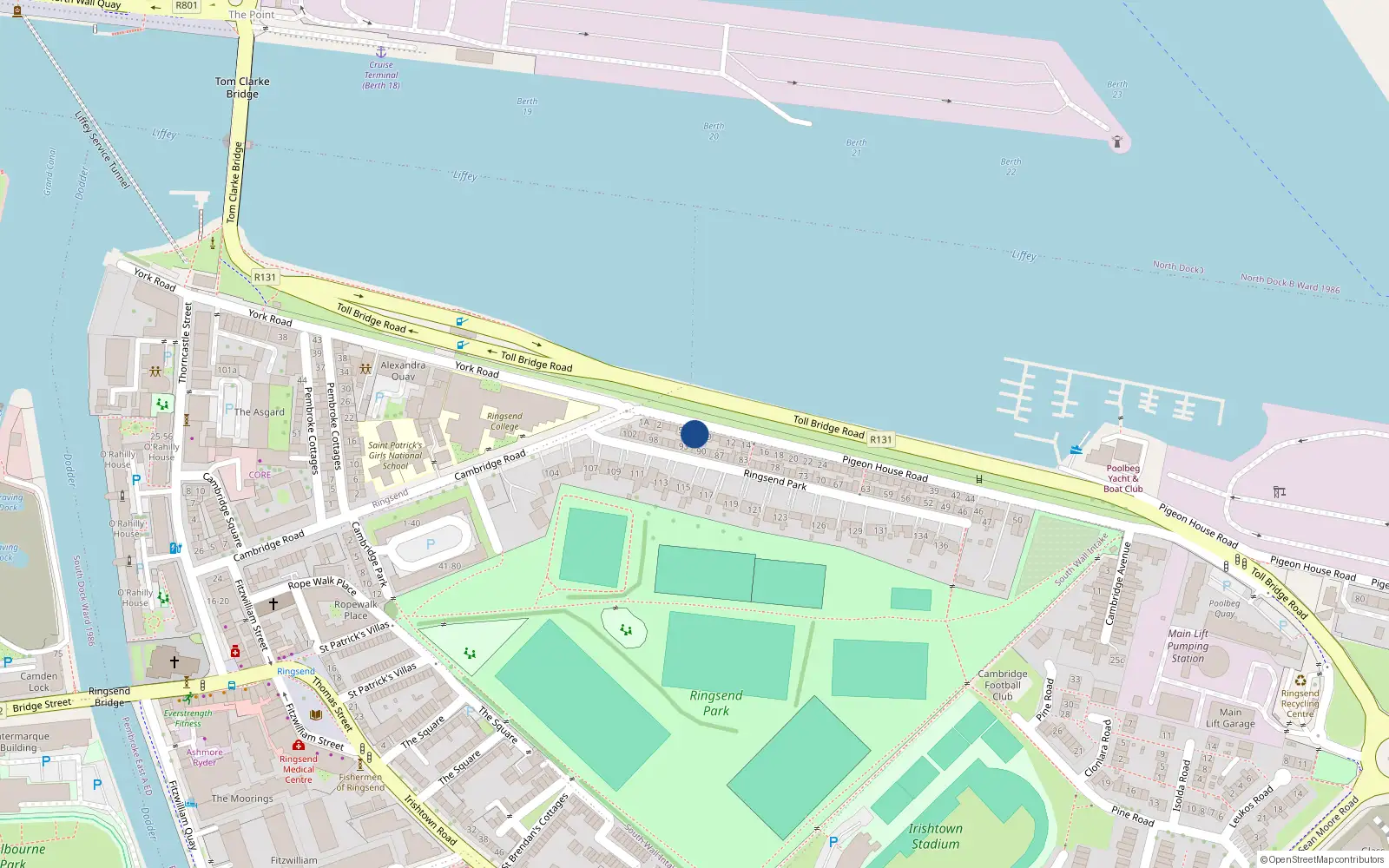 Overhead map showing the location of 7 Pigeon House Road, Dublin 4