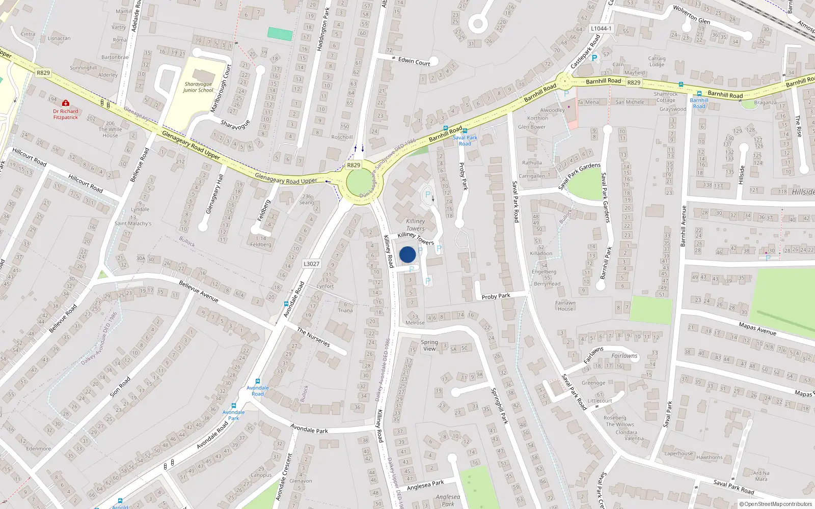 Overhead map showing the location of 7 Proby Hall, Killiney Road, Killiney