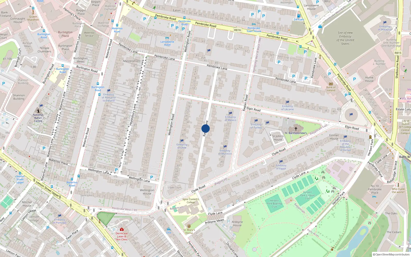 Overhead map showing the location of 7 Raglan Lane, Dublin 4