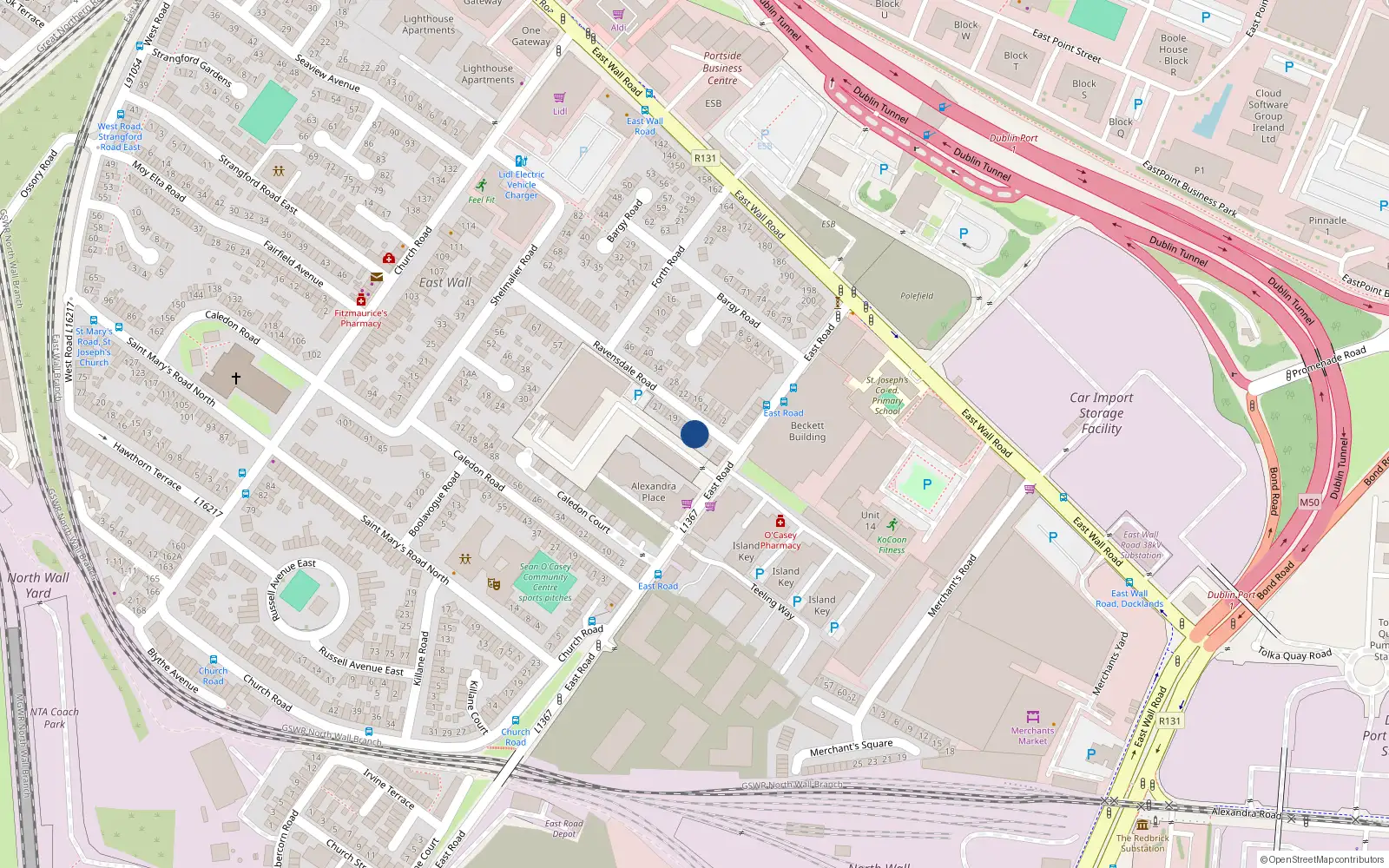 Overhead map showing the location of 7 Ravensdale Road, East Wall, Dublin 3