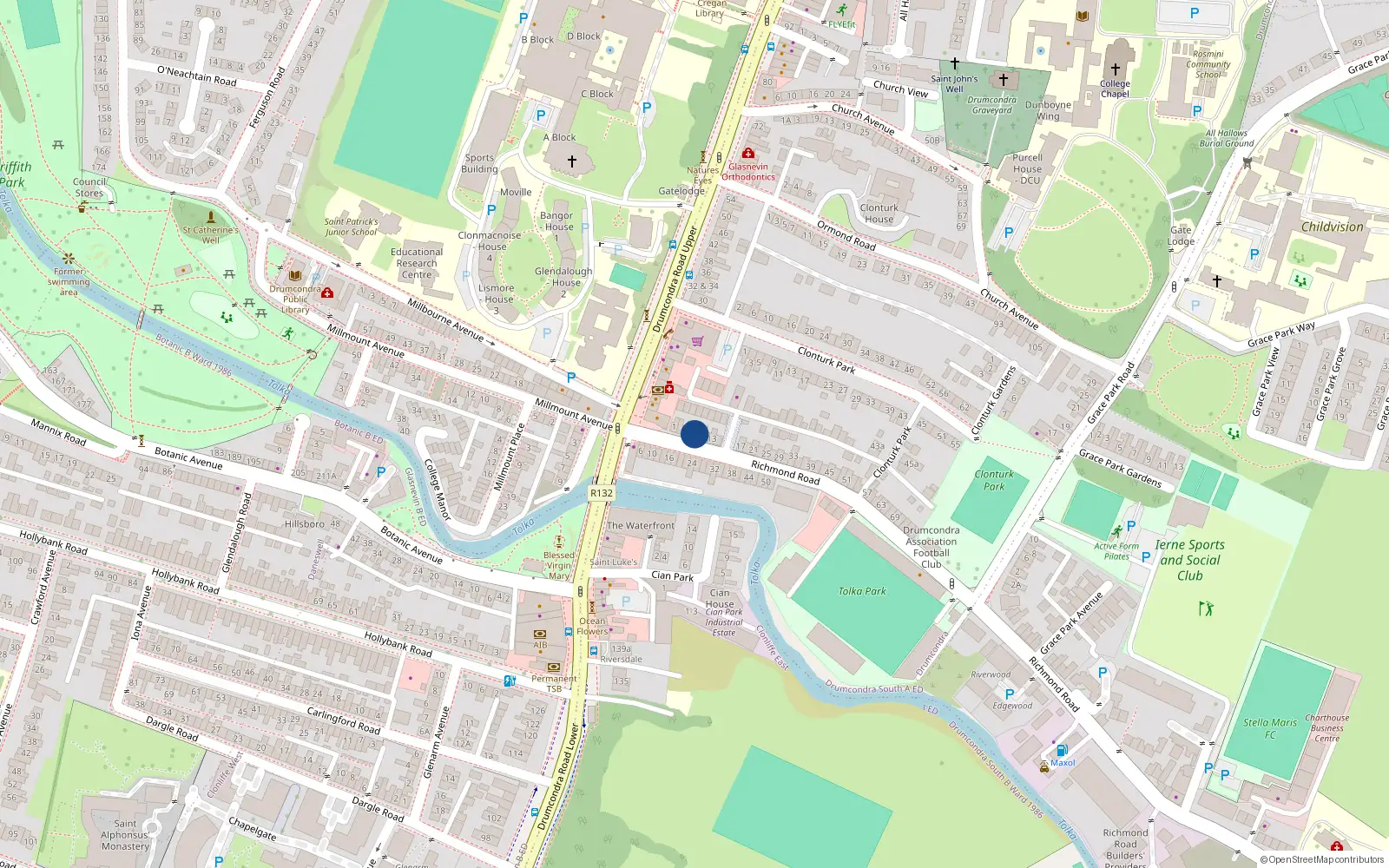 Overhead map showing the location of 7 Richmond Road, Druncondra, Dublin 3