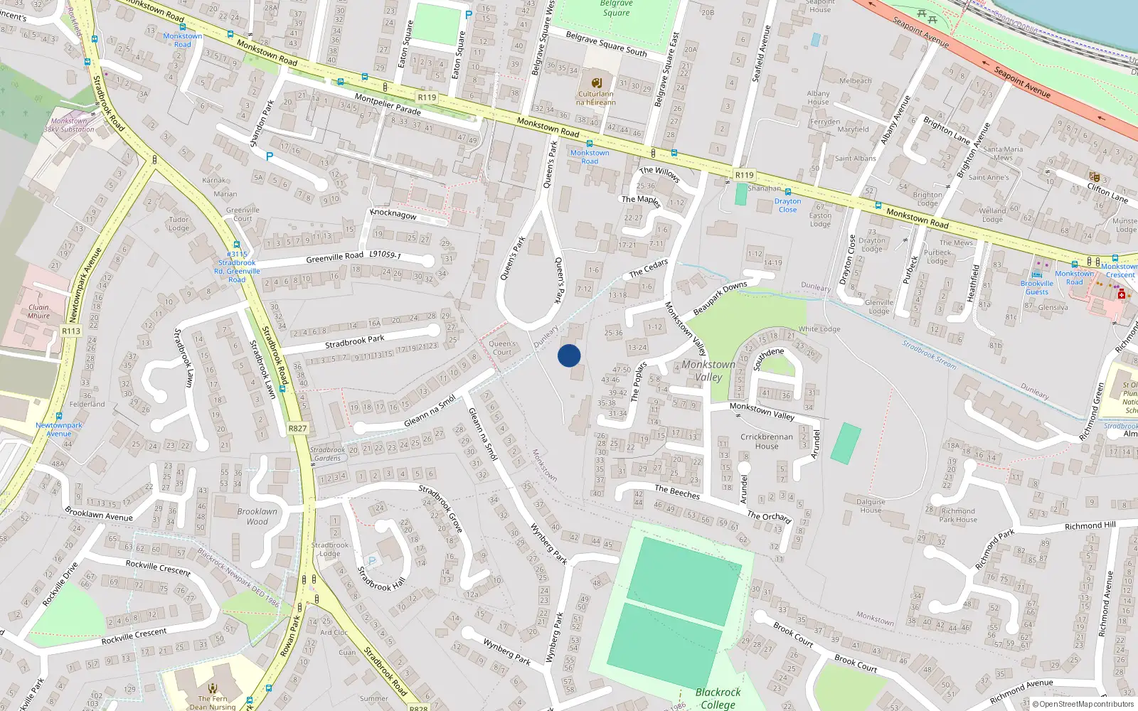 Overhead map showing the location of 7 Riversdale Court, Queen's Park, Monkstown