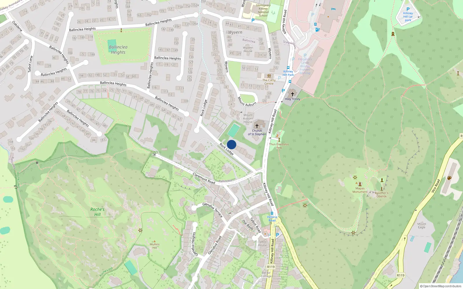 Overhead map showing the location of 7 Rock Lodge, Killiney