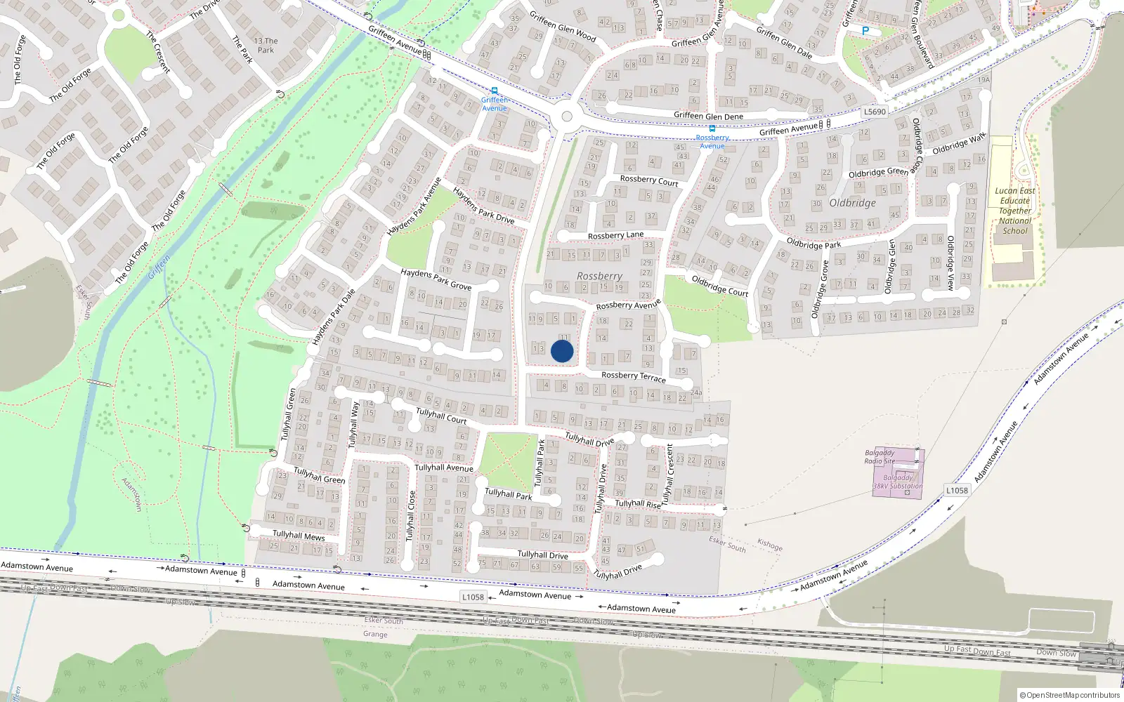 Overhead map showing the location of 7 Rossberry Avenue, Lucan, Dublin
