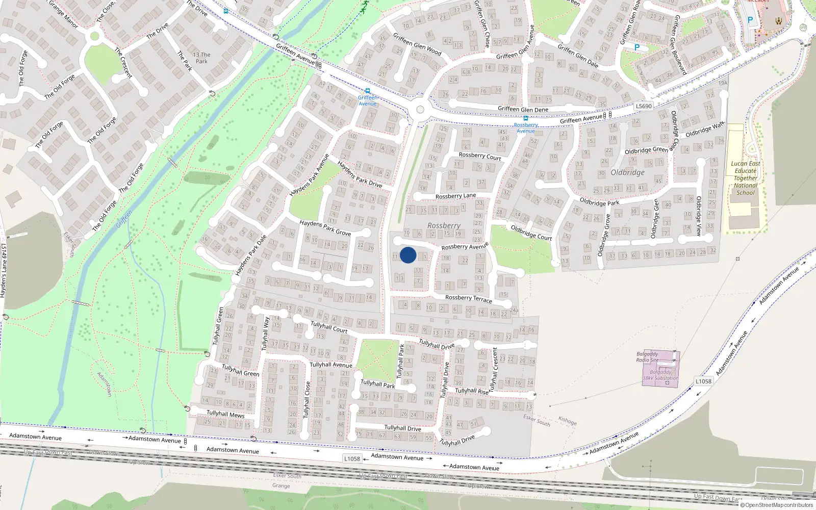 Overhead map showing the location of 7 Rossberry Place, Lucan