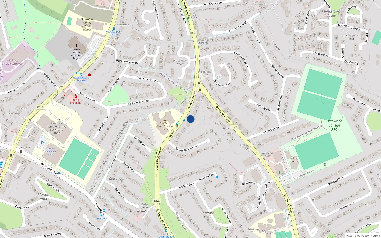 Overhead map showing the location of 7 Rowan Park, Blackrock, Dublin