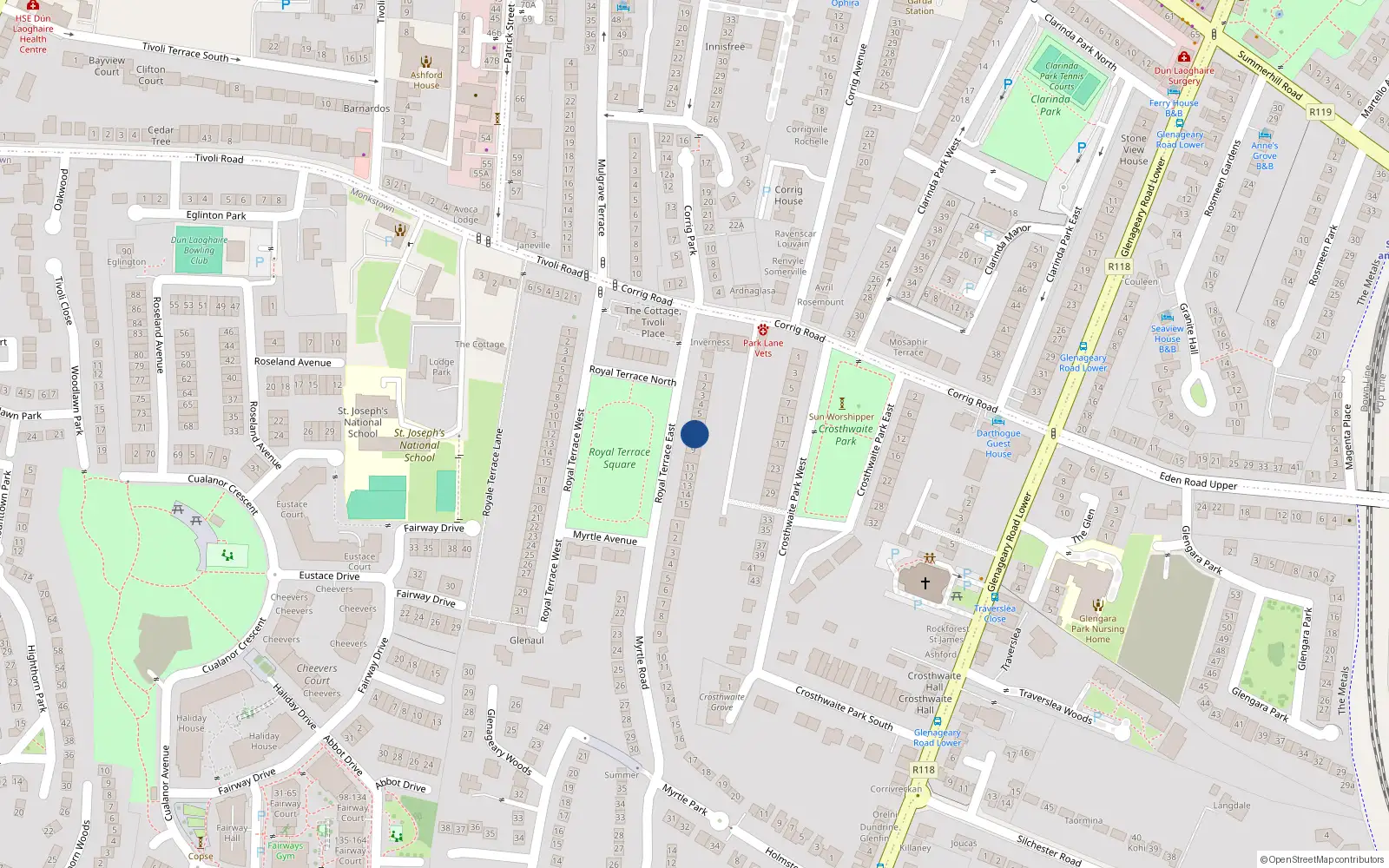 Overhead map showing the location of 7 Royal Terrace East, Dun Laoghaire, Dublin