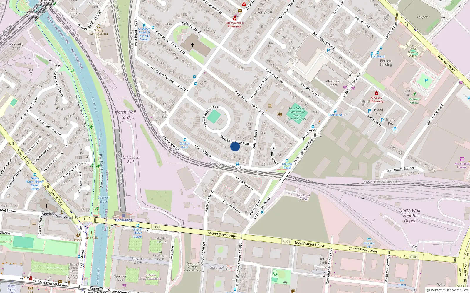 Overhead map showing the location of 7 Russell Avenue East, East Wall, Dublin 3