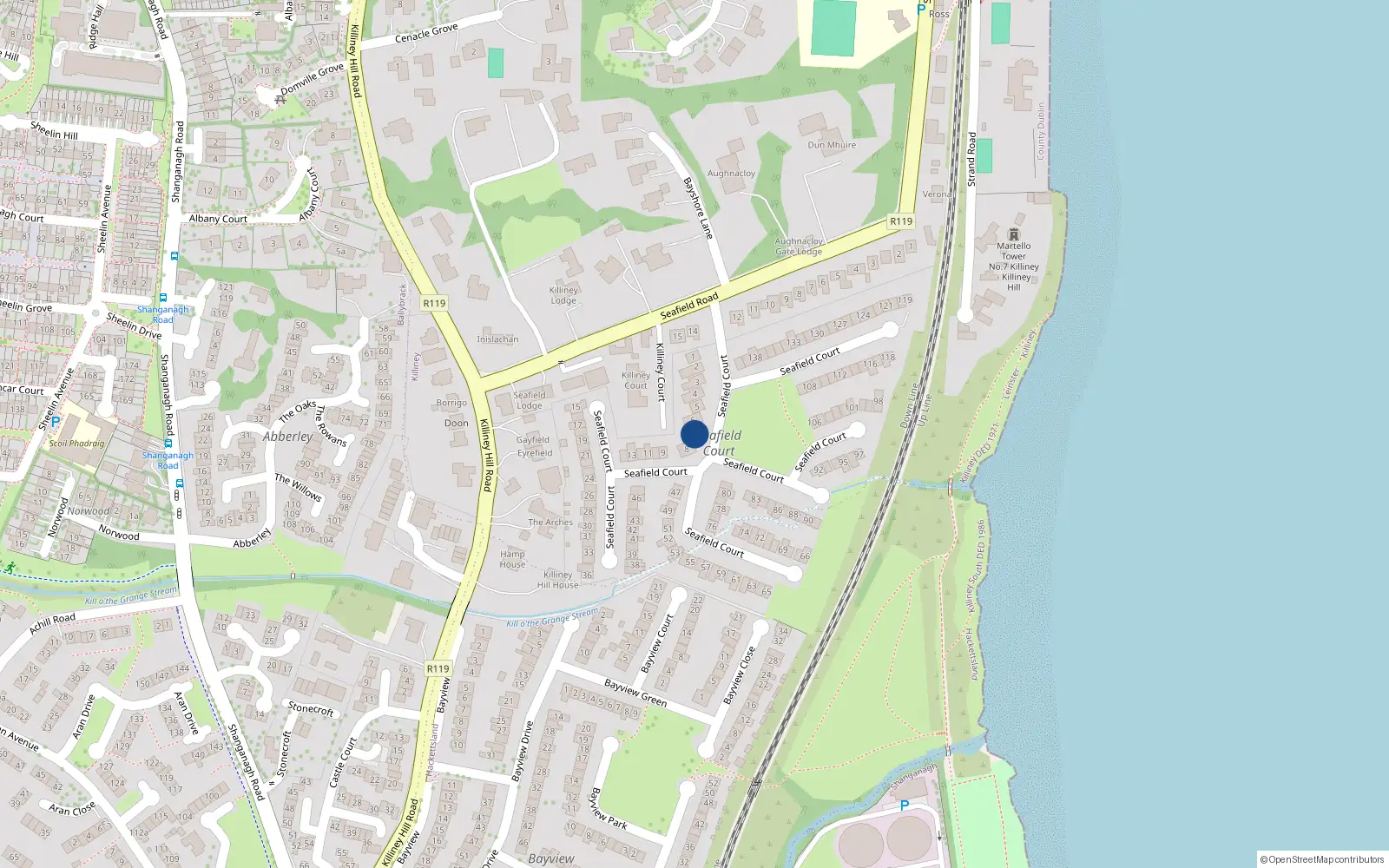 Overhead map showing the location of 7 Seafield Court, Killiney