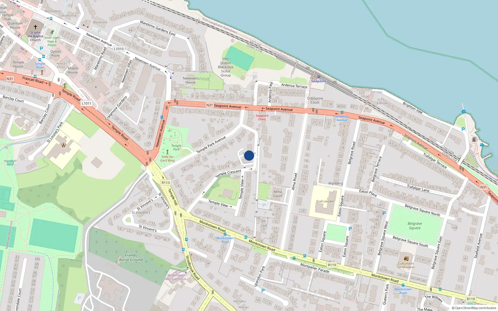 Overhead map showing the location of 7 Seapoint Court, Temple Crescent, Blackrock