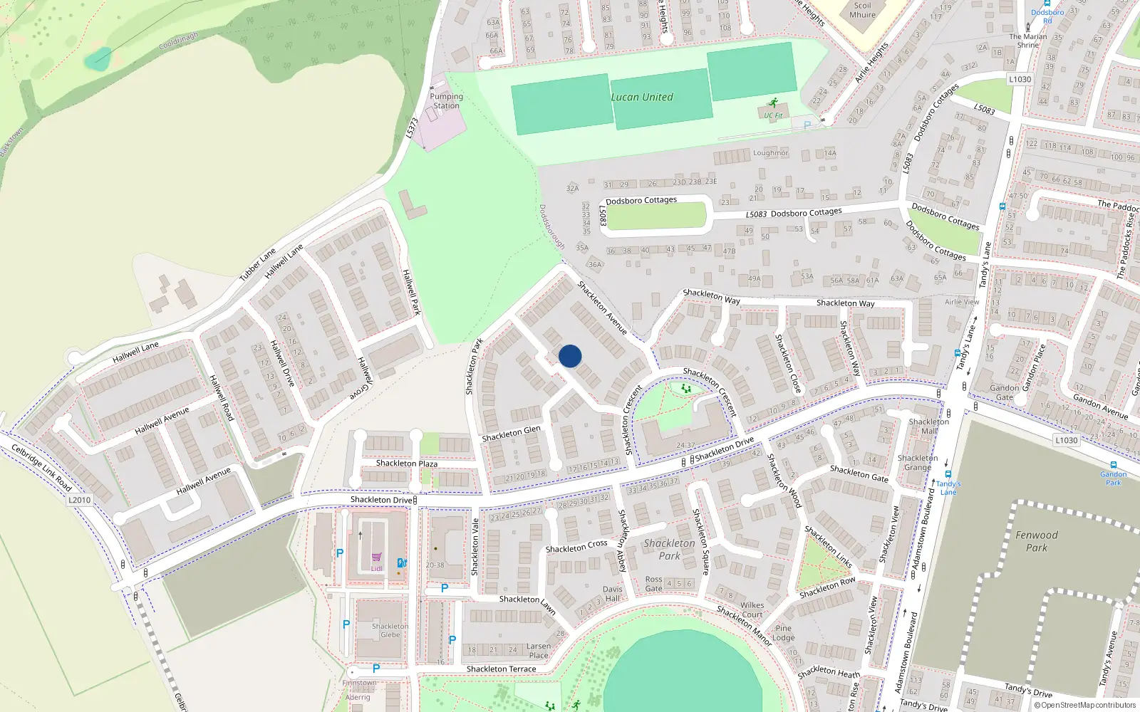 Overhead map showing the location of 7 Shackleton Grove, Lucan