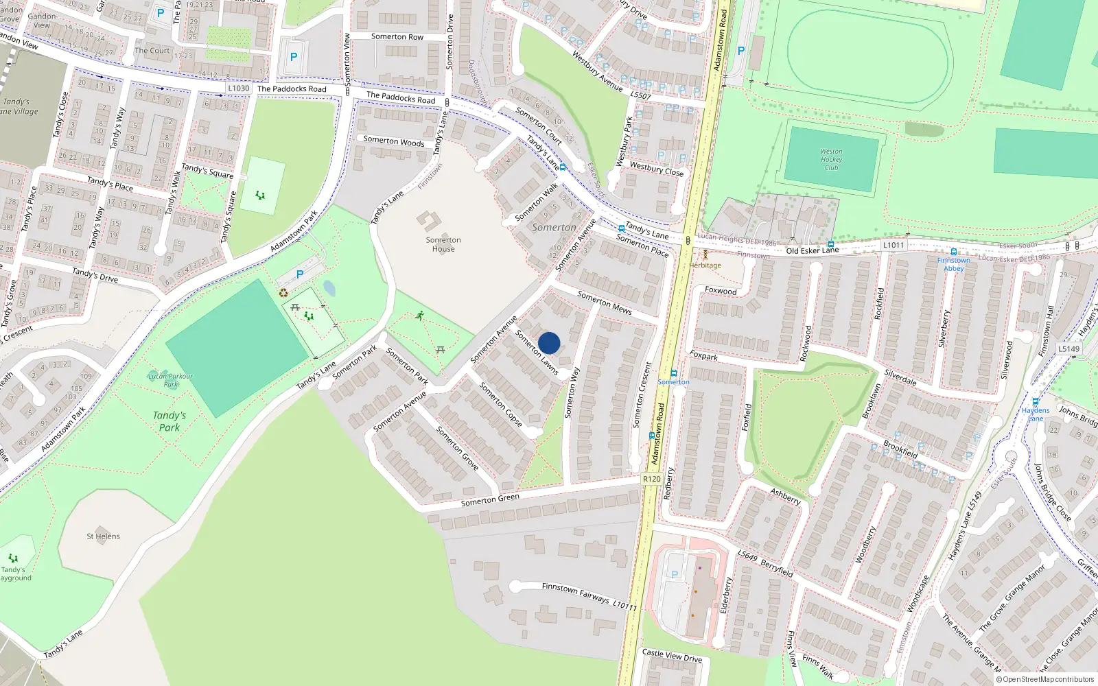 Overhead map showing the location of 7 Somerton Lawns, Lucan