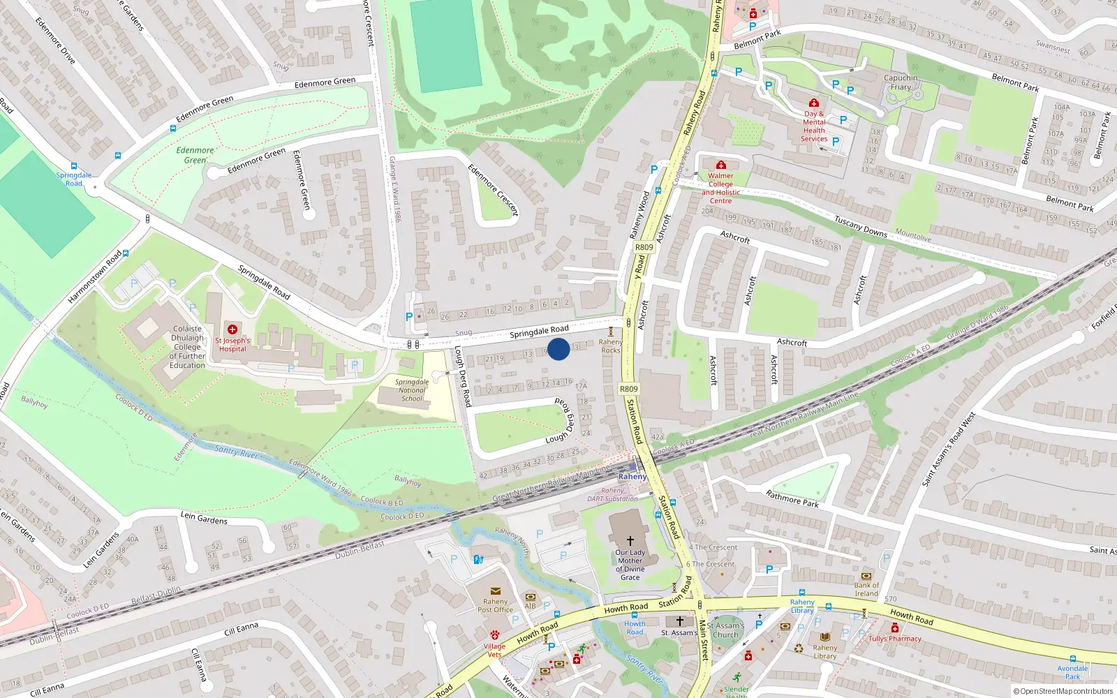 Overhead map showing the location of 7 Springdale Road, Dublin 5