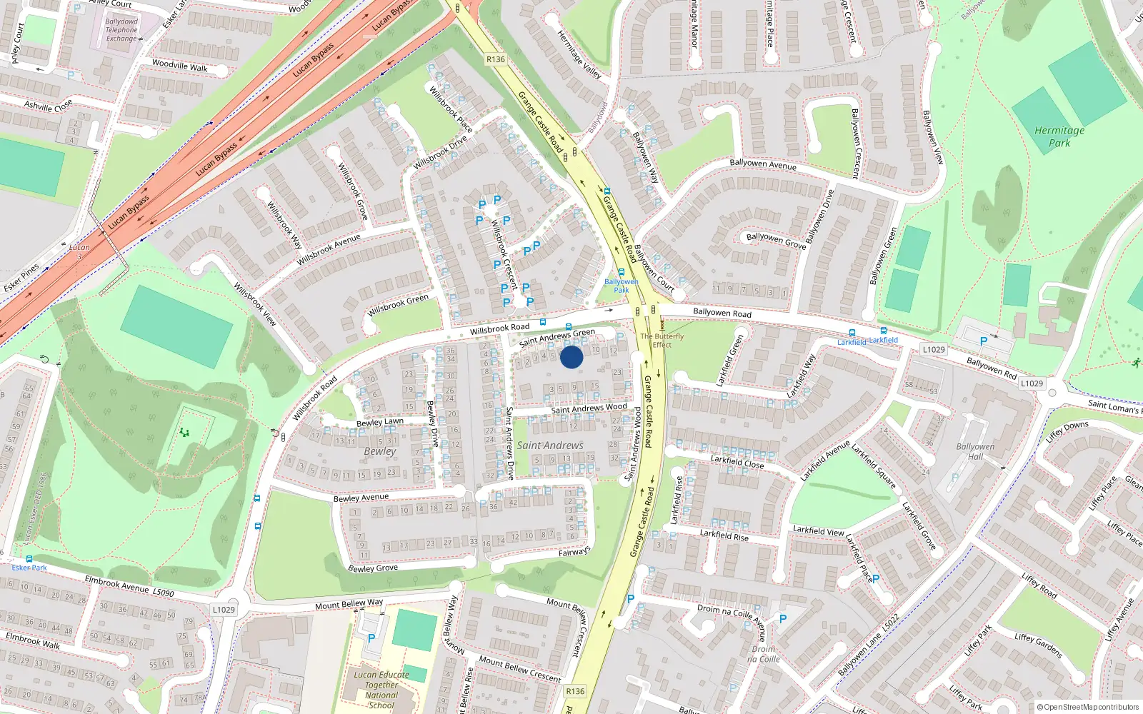 Overhead map showing the location of 7 St Andrews Green, Fairways, Lucan