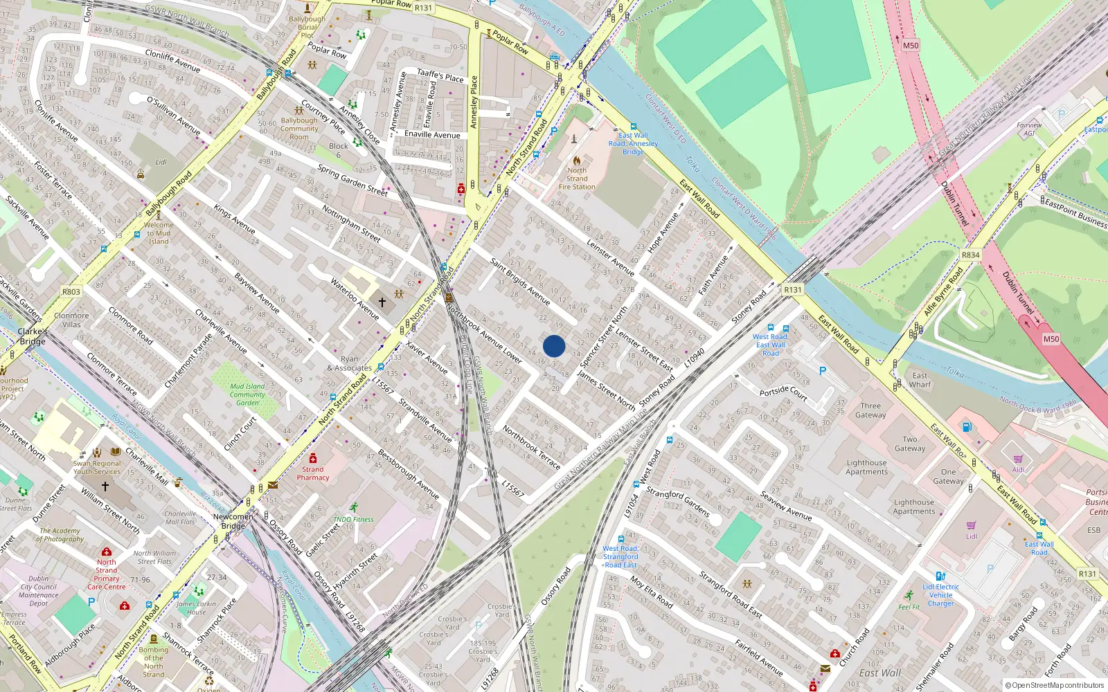 Overhead map showing the location of 7 St Brigid's Cottages, North Strand Road, Dublin 3