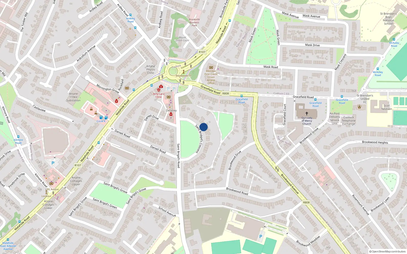 Overhead map showing the location of 7 St Brigids Crescent, Artane, Dublin 5