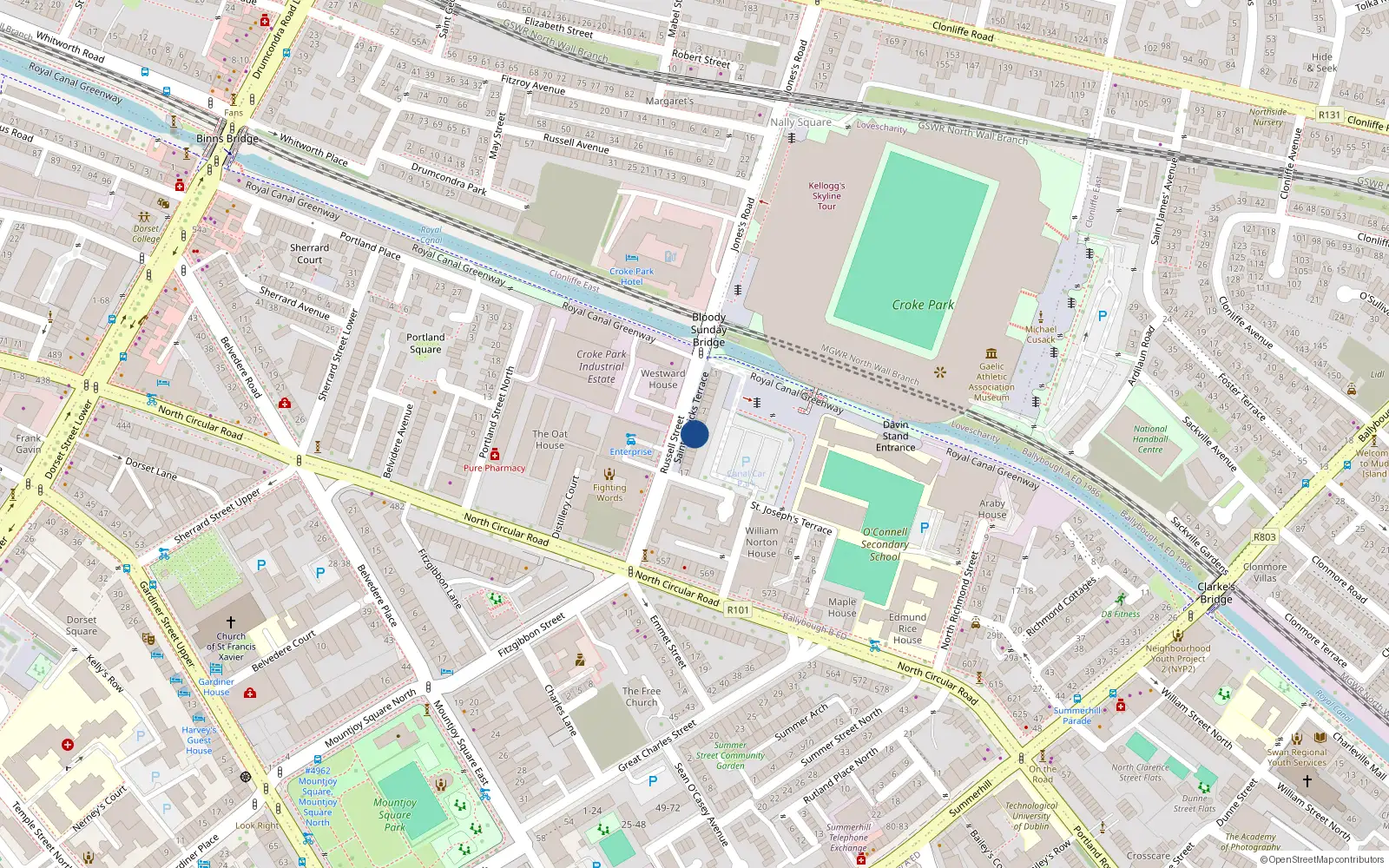 Overhead map showing the location of 7 St Patricks Terrace, Russell Street, Dublin 1