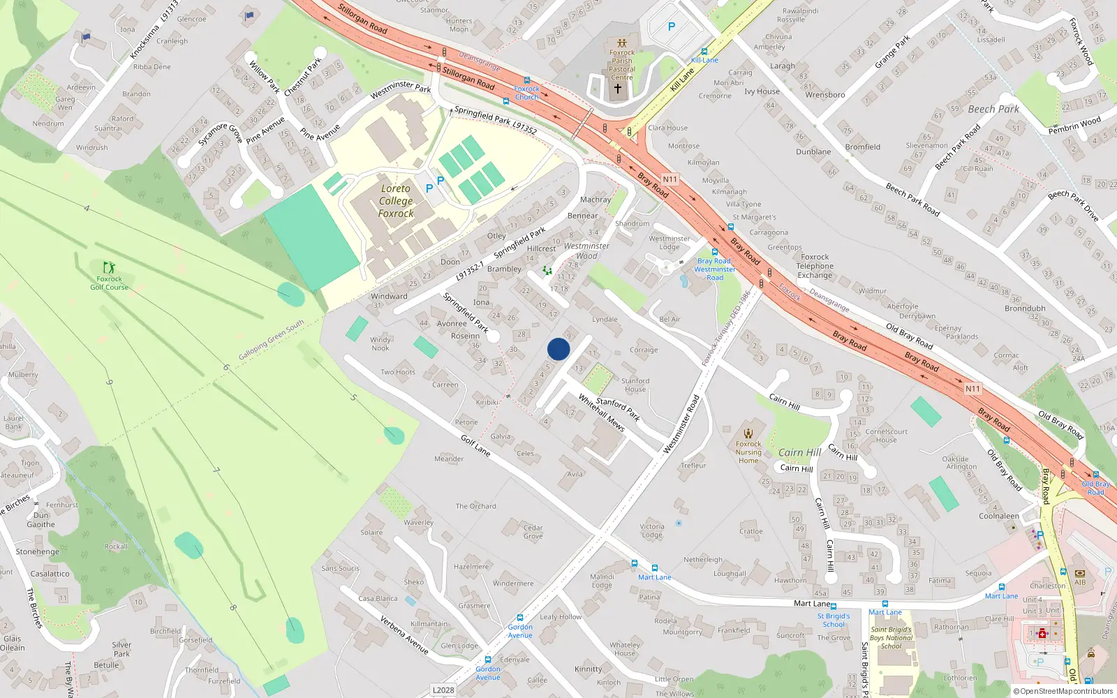 Overhead map showing the location of 7 Stanford Park, Dublin 18