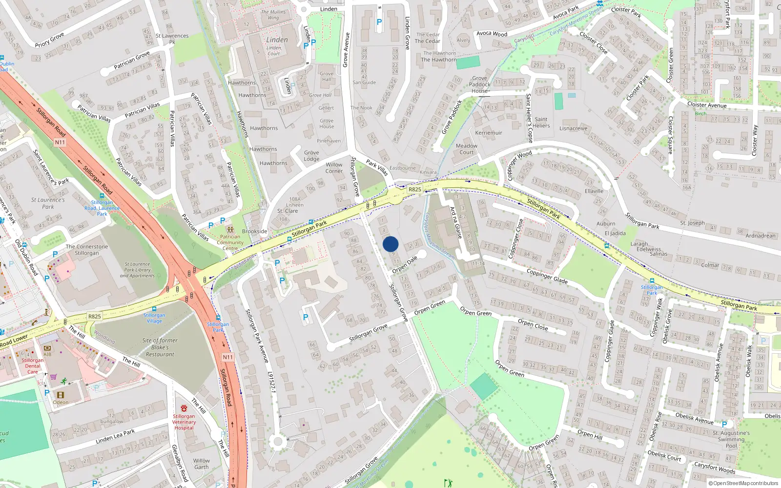 Overhead map showing the location of 7 Stillorgan Grove, Dublin