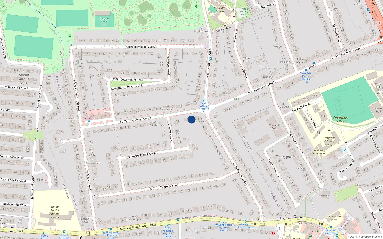Overhead map showing the location of 7 Stone Park, Trees Road Upper, Mount Merrion