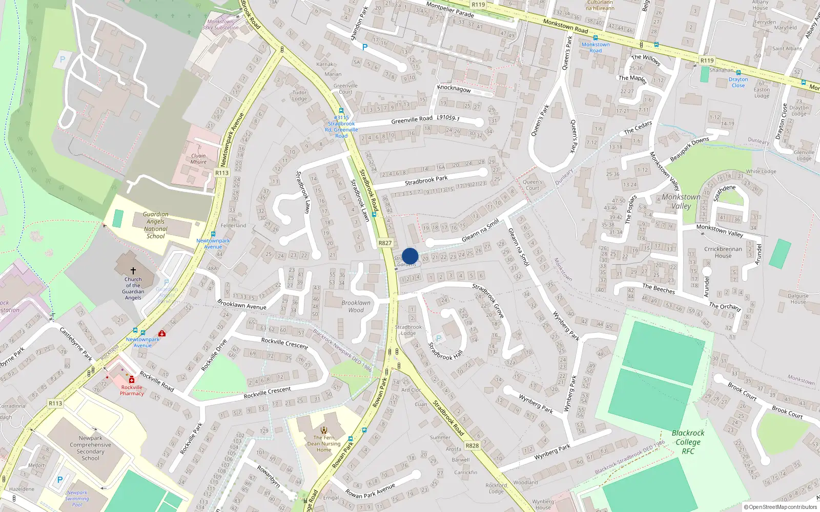 Overhead map showing the location of 7 Stradbrook Gardens, Blackrock, Dublin