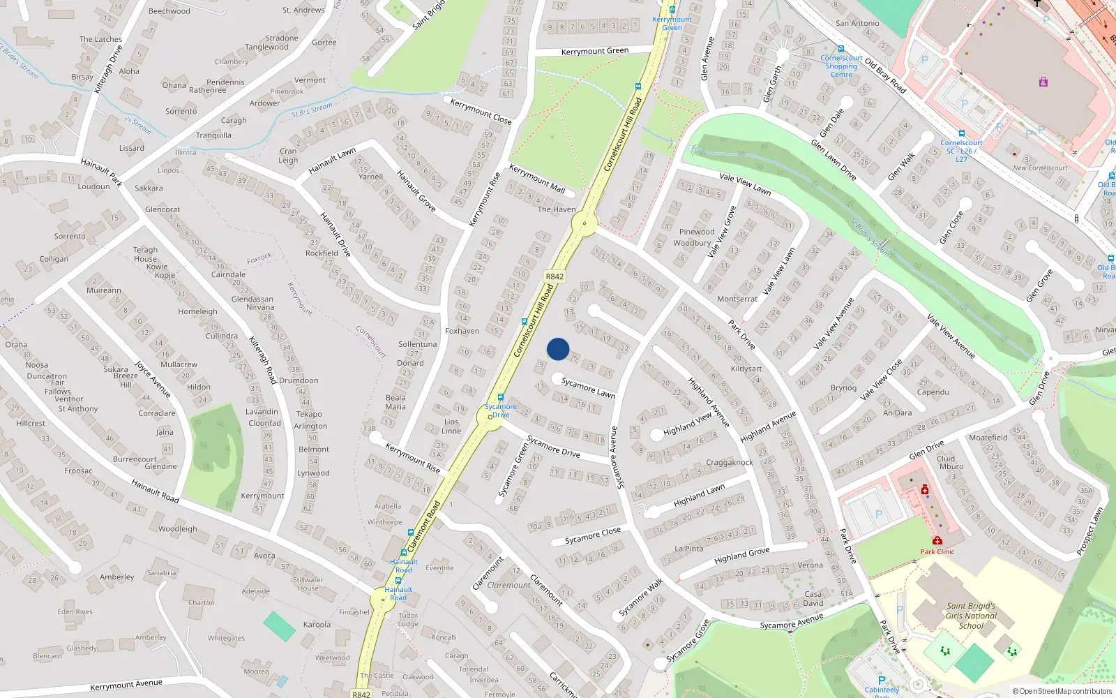 Overhead map showing the location of 7 Sycamore Lawn, Dublin 18