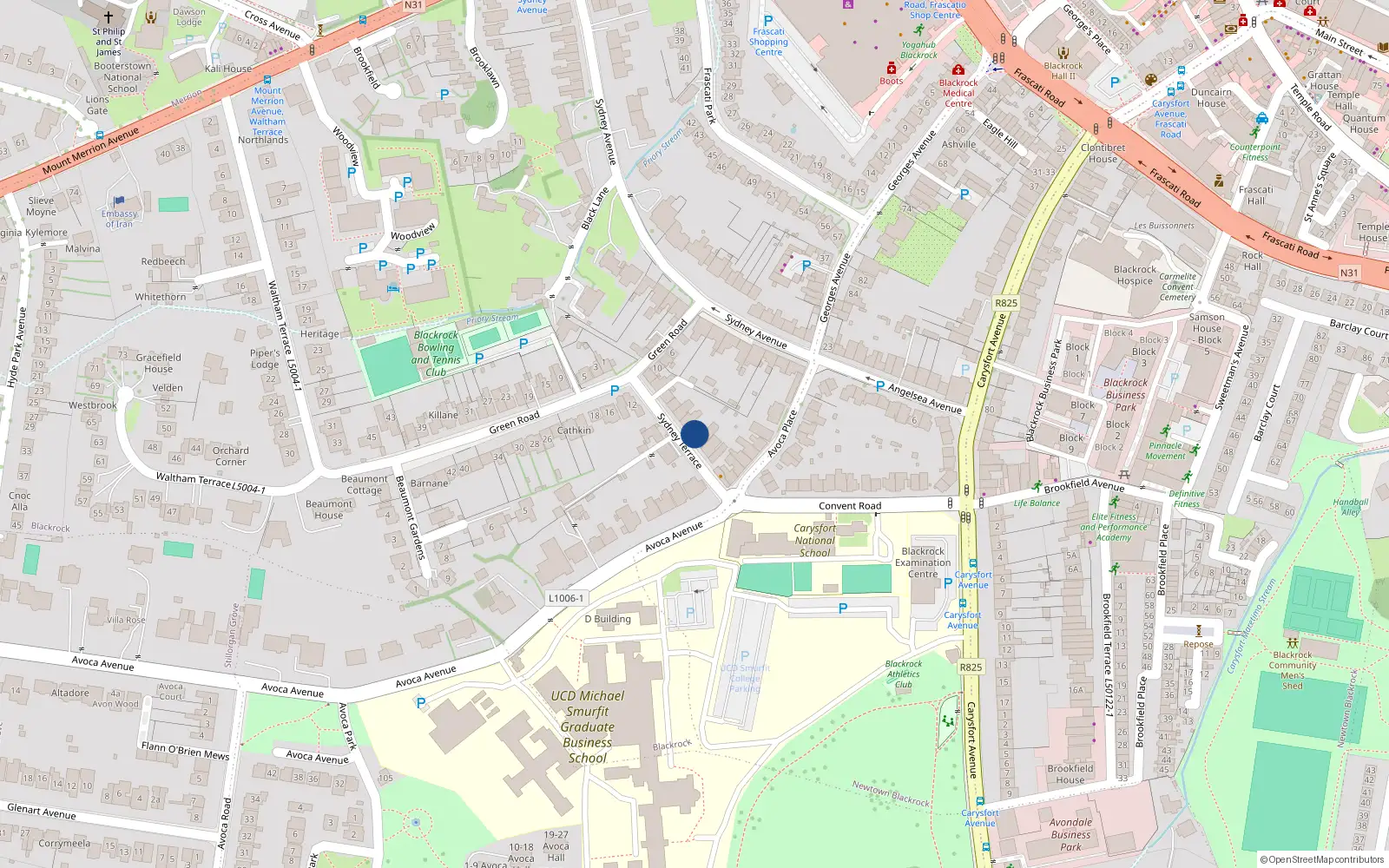 Overhead map showing the location of 7 Sydney Terrace, Blackrock, Dublin