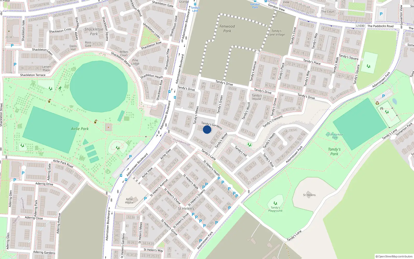 Overhead map showing the location of 7 Tandy's Gardens, Adamstown, Lucan