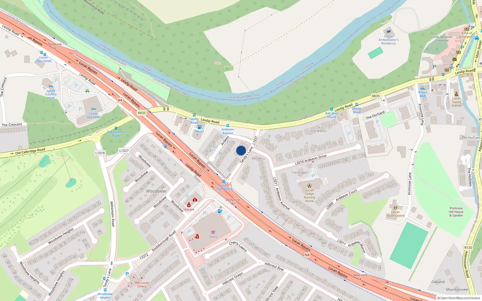 Overhead map showing the location of 7 Tandy's Lane, Lucan
