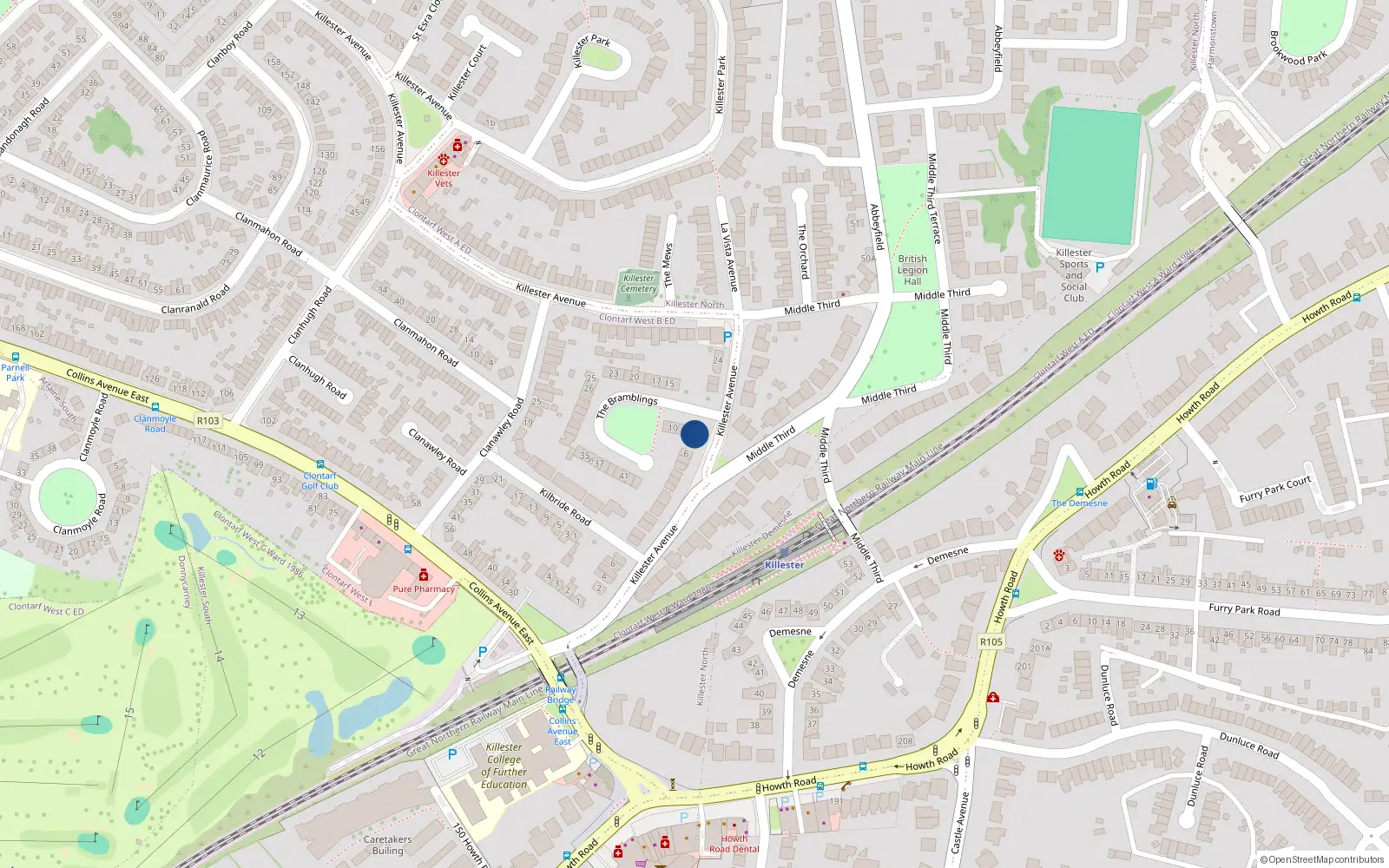 Overhead map showing the location of 7 the Bramblings, Killester, Dublin 5