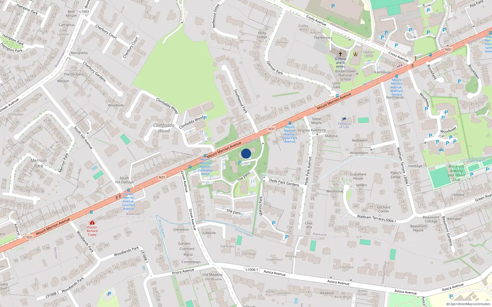 Overhead map showing the location of 7 the Elms, Mount Merrion Avenue, Blackrock