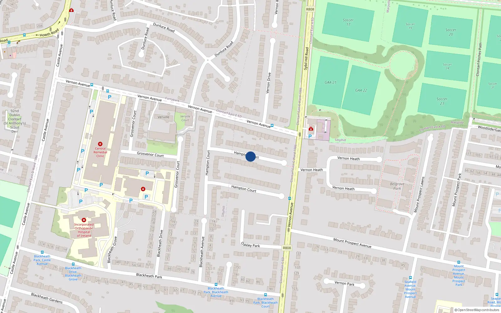 Overhead map showing the location of 7 Hampton Court, Clontarf