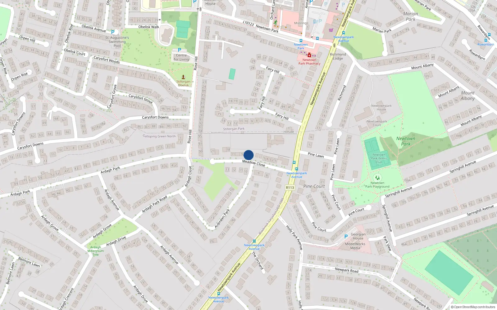 Overhead map showing the location of 7 the Meadows, Newtownpark Avenue, Blackrock