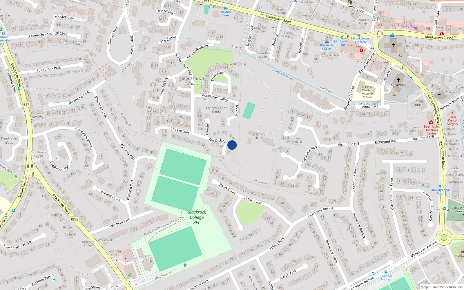 Overhead map showing the location of 7 The Orchard, Monkstown