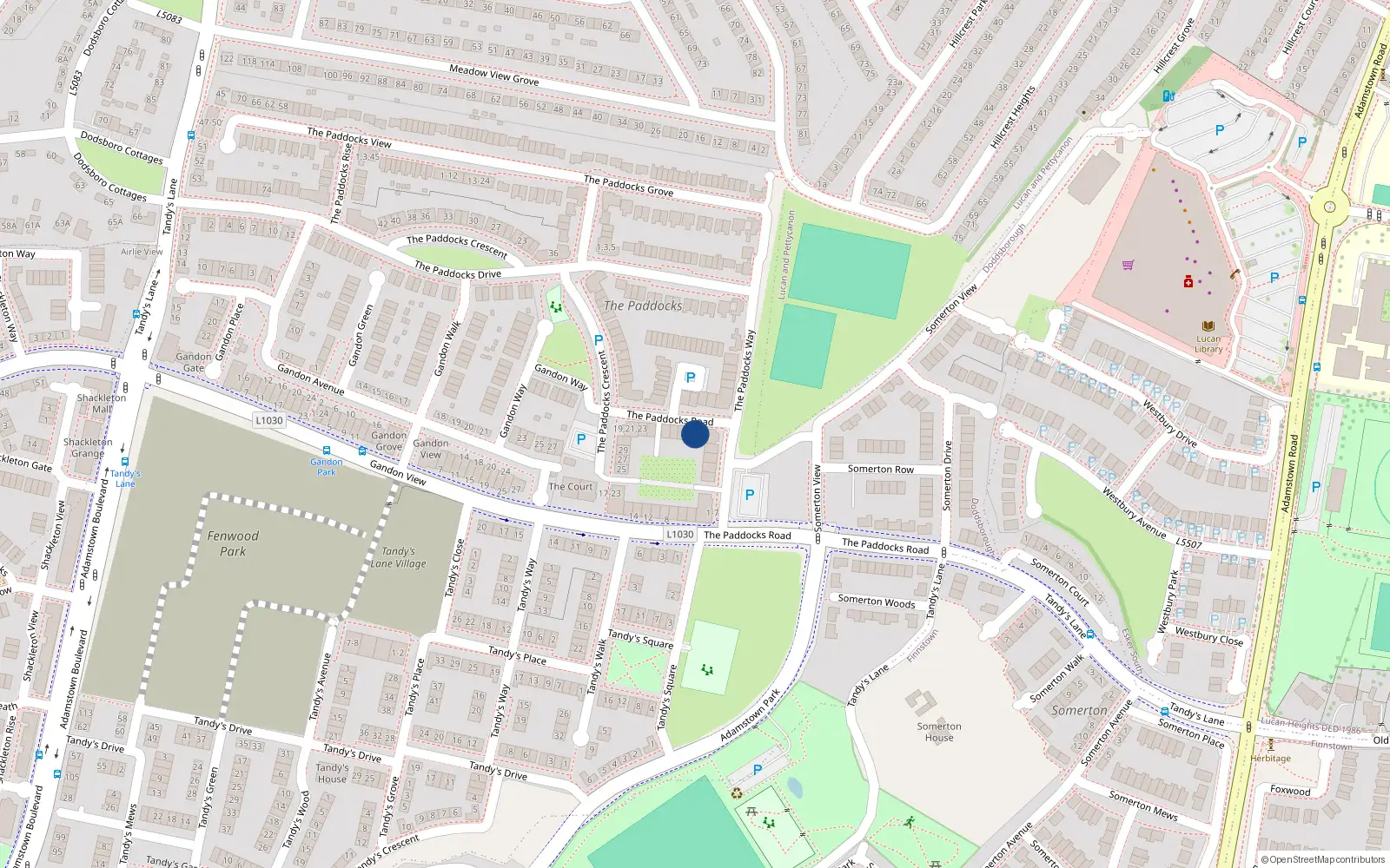 Overhead map showing the location of 7 the Paddocks Road, Adamstown, Lucan