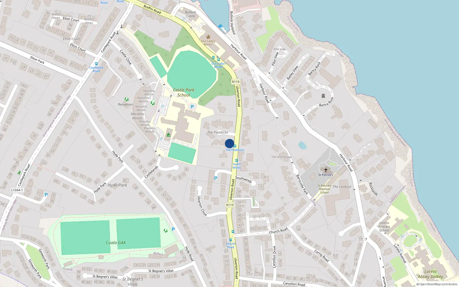 Overhead map showing the location of 7 The Paddocks, Dalkey