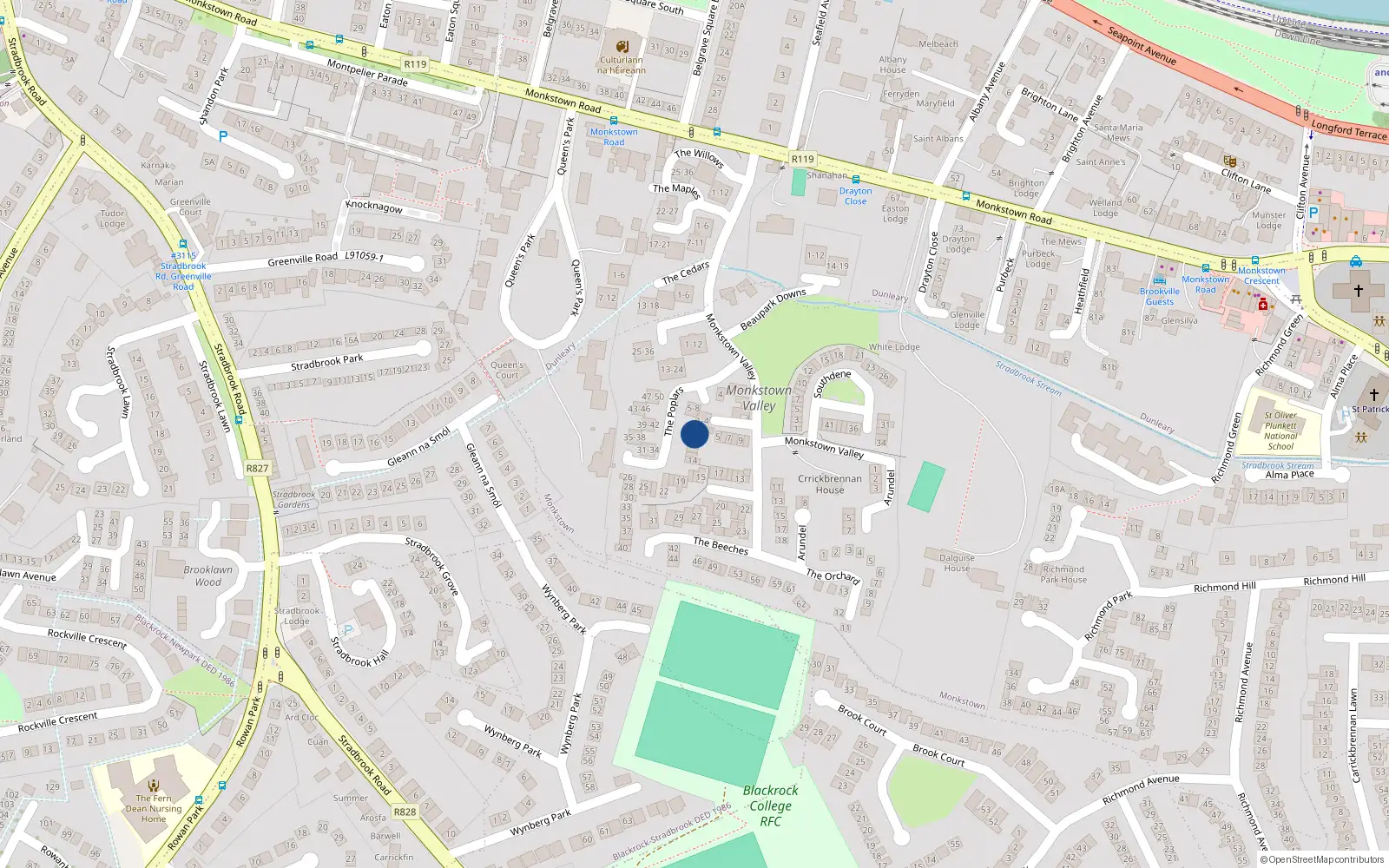 Overhead map showing the location of 7 The Poplars, Stillorgan