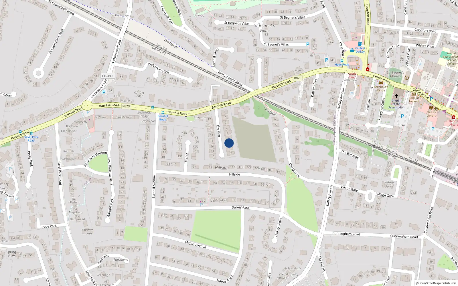Overhead map showing the location of 7 The Rise, Dalkey