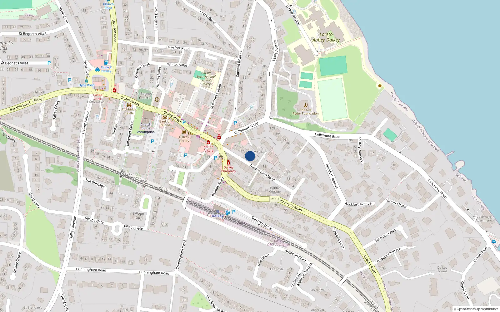 Overhead map showing the location of 7 Tubbermore Road, Dalkey