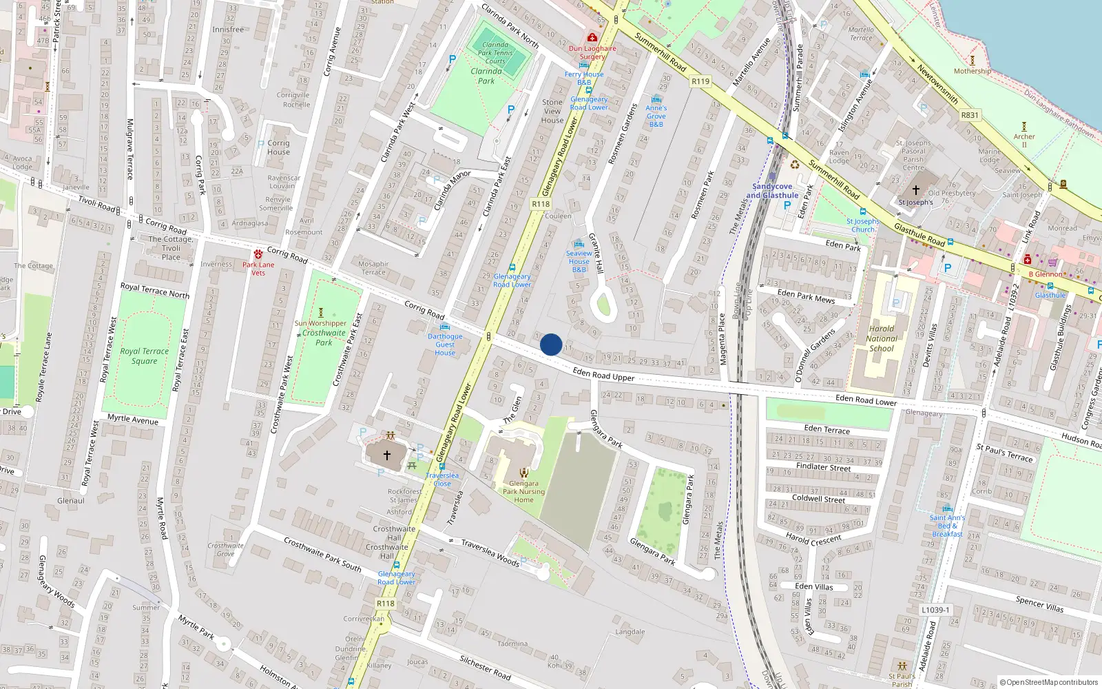 Overhead map showing the location of 7 Upper Eden Road, Glenageary, Dublin